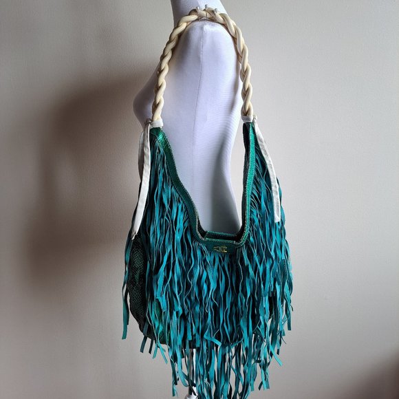 Just Cavalli Women's Python Snake Leather Green/Blue Shoulder Bag - Picture 9 of 16